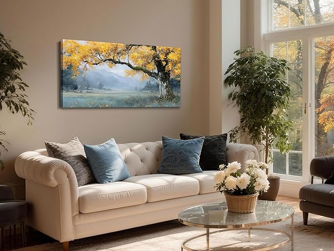 Arjun Tree Canvas Wall Art Landscape Painting for Living Room Bedroom, Mountain View Wall Decor Nature Scenery Artwork Rustic Textured Large Framed Picture Dining Room Hallway Fireplace 40"x20"