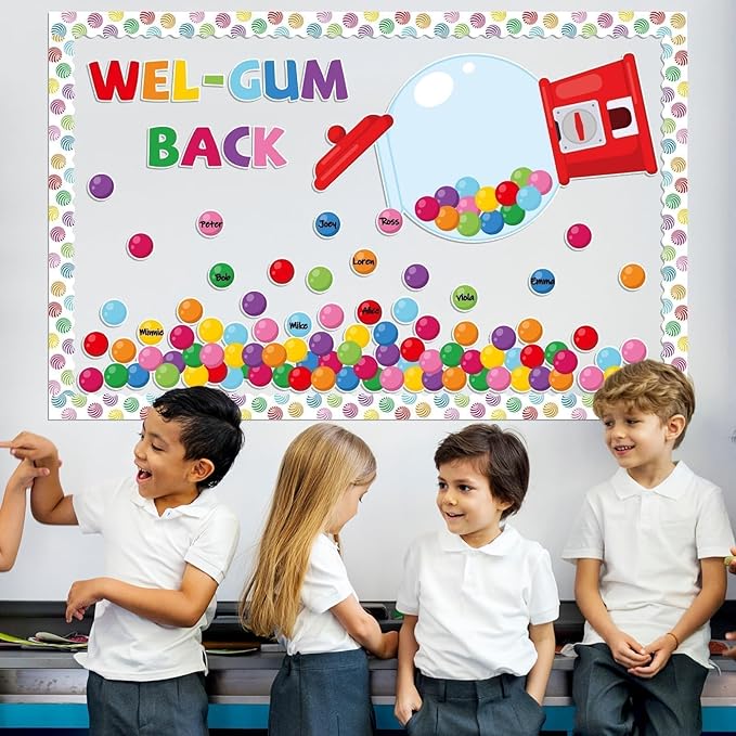 Colorful Bubble Gumball Bulletin Board Classroom Decorations Welcome Back to School Bulletin Board Gumball Machine WEL-Gum Candy Themed Classroom Motivational Cutouts for School Wall Decals Decor