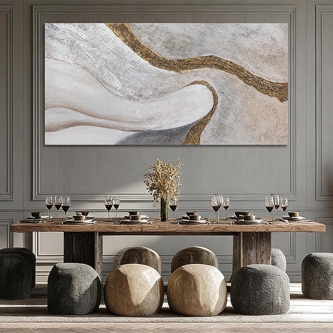 ZUNARE Contemporary White Gold Textured Canvas Wall Art Abstract Organic Line Posters Picture Minimalist Home Decor for Living Room Bedroom Office 29x58 Inch