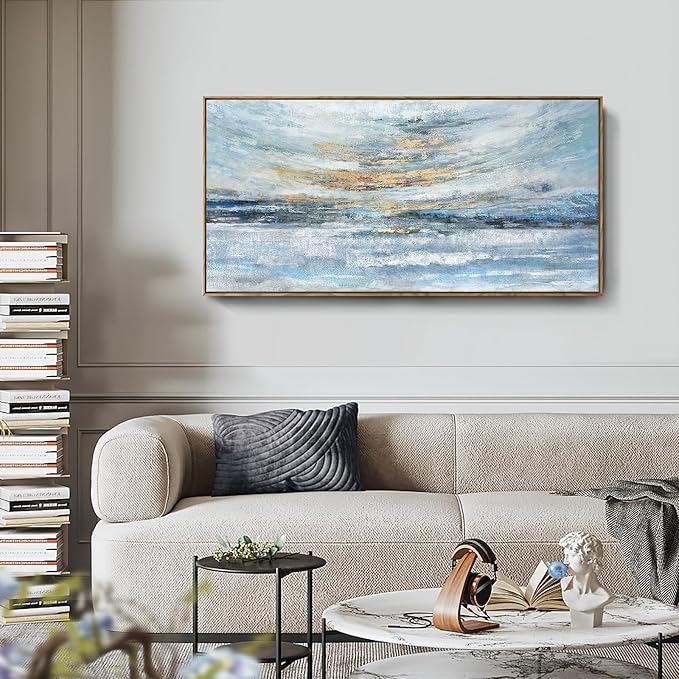 Nicetop Large Wall Art Canvas for Living Room, Framed Abstract Coastal Painting - 48x24 Inch Modern Light Blue and Gold Sunset Print, Ready to Hang Décor for Bedroom, Office, Bathroom, Dining Room Wall