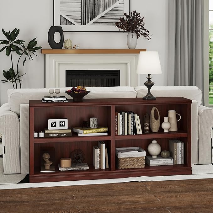 blini Low Horizontal Bookshelf Double Wide 64" 2-Tier Bookcase 4 Cube Storage Organizer Cherry Wood Bookcases for Bedroom and Home Office Decor Display