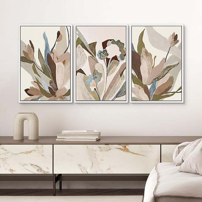 SIGNWIN Framed Canvas Print Wall Art Set Botanical Abstract Earthy Neutral Floral Illustrations Modern Art Decorative Boho Relax/Zen Nordic for Living Room, Bedroom, Office - 24"x36"x3 White