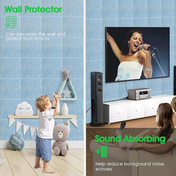 Large Cork Board for Office Wall Decor,48"x36"-12 Pack Felt Wall Tiles with Safe Removable Adhesive Tabs, Thicker 0.47in, Felt Bulletin Board Pin Board Cork Boards for Walls - Light Blue