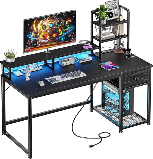 44 Inch Gaming Desk with Hutch and Drawers,Reversible Computer Desk with Monitor Shelf,Home Office Desks with USB Power Outlets and Storage,Pc Small Gaming Desk for Office with LED Lights,Black