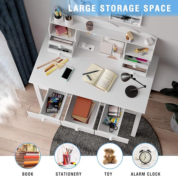 ADORNEVE Writing Desk with USB Port, Home Office Desk with Drawers and Hutch, 36.2" Study Table Computer Desk for Student/Adults, Computer Work Station with Storage Shelf, 7 Drawers, White