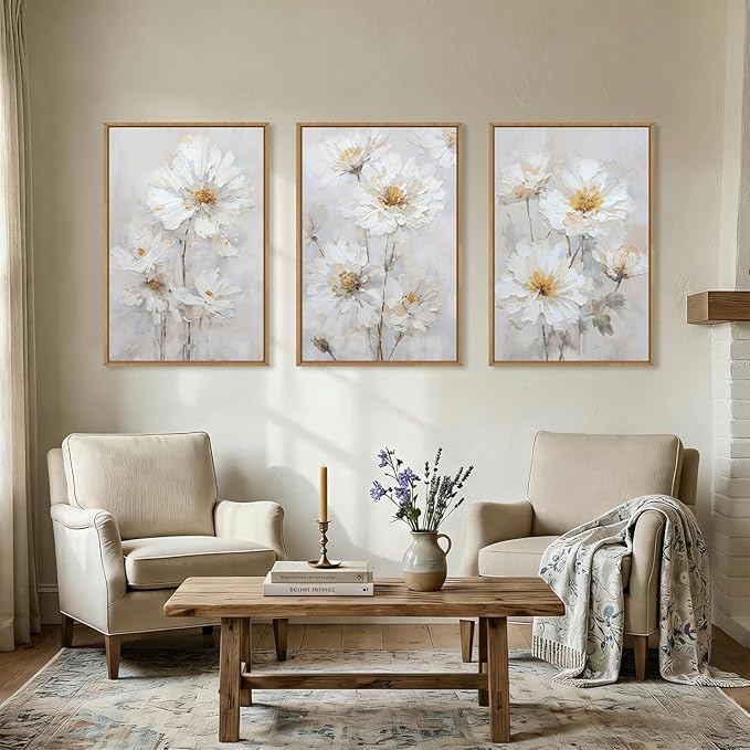 Aryroi Modern Chinoiserie White Daisy Floral Framed Canvas Wall Art Set,Watercolor Natural Beige Wildflower Wall Decor,Textured Minimalist Flower Botanical Artwork for Living Room,Farmhouse-24 x36 x3