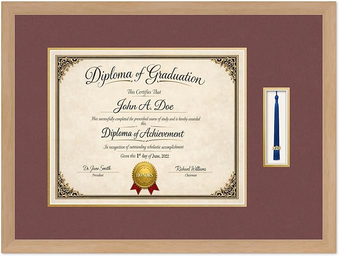 Diploma Frame with Tassel Holder Natural Wood Shadowbox Dark Red Over Gold Mat - Fits 15 x 12 Degree Made in the USA