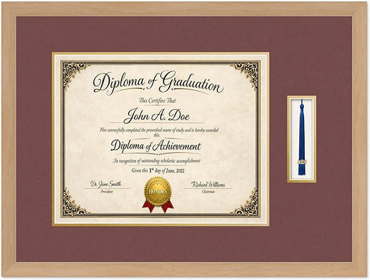 Diploma Frame with Tassel Holder Natural Wood Shadowbox Dark Red Over Gold Mat - Fits 15 x 12 Degree Made in the USA