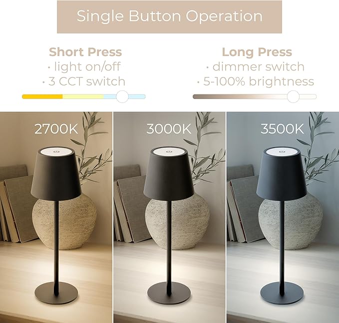 Versa LED Cordless USB-C Re-Chargeable Desk Lamp, 5200mAh Battery Operated 3 Color Temperature 2700K-3000K-3500K and Fingertip Touch On/Off Plus Dimming Two 5in Adj Height Stems in Black (Pack of 2)