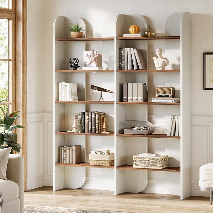 Tribesigns 5-Tier Farmhouse Bookshelf, 70.87-Inch Tall Double Wide Bookcase with Open Shelves, Vintage Floor Standing Book Shelf (1, White+Brown)