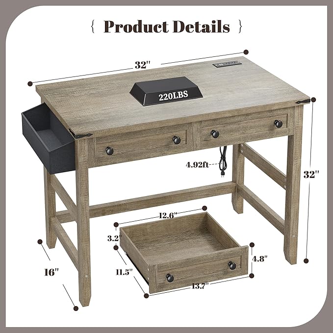 EnHomee Small Desk for Bedroom, Computer Desk with Power Outlets for Home Office, Desks with Drawers and a Side Pocket,Vanity Desks for Bedroom, Dark Rustic Oak