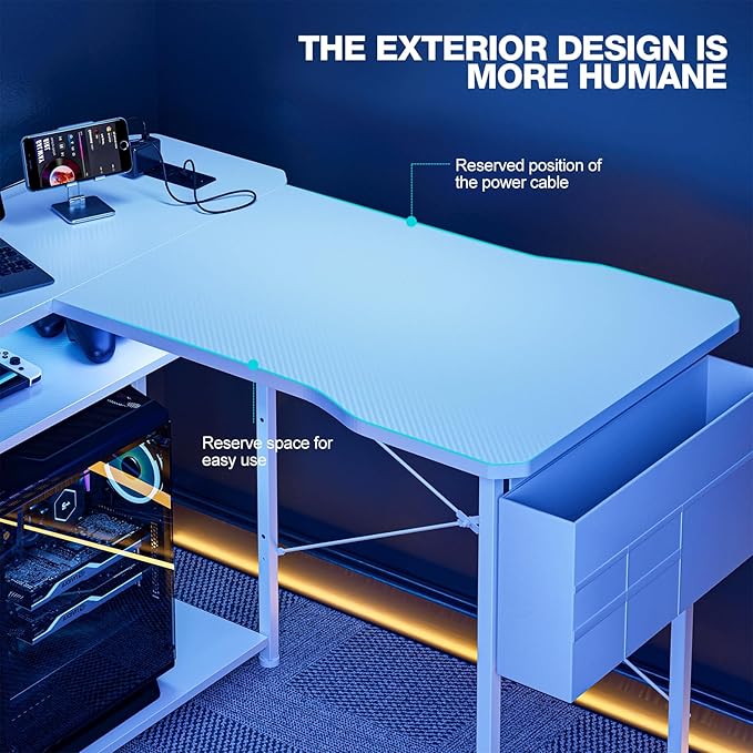 L Shaped Gaming Desk 40 Inch - Computer Corner Desk with Power Outlets, Reversible Shelves & Storage Bag for Home Office, PC Gaming Table, White