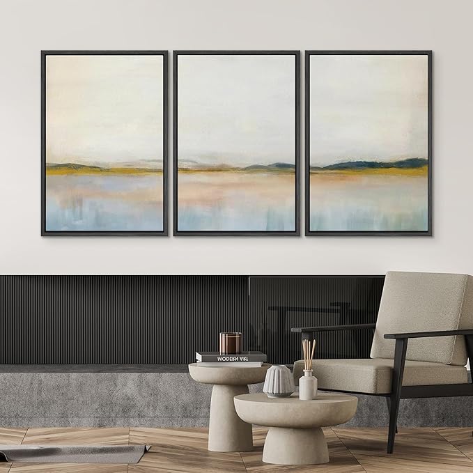 SIGNWIN Framed Canvas Print Wall Art Set Grunge Watercolor Pastel Lake Landscape Nature Abstract Illustrations Fine Art Decorative Nordic for Living Room, Bedroom, Office - 24"x36"x3 Black