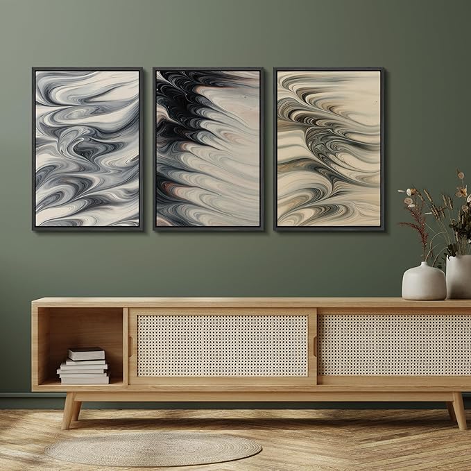 SIGNFORD Framed Wall Art Print Set Neutral Marble Swirl Abstract Elegant Fluid Pattern Digital Art Modern Art Contemporary for Living Room, Bedroom, Office - 16"x24"x3 BLACK