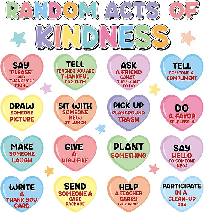Random Acts of Heart Kindness Bulletin Board Set Colorful Motivational Classroom Decoration Sweet Candy Heart Kind Challenge Cutouts for Back to School Office Home Chalkboard Decor Wall Door