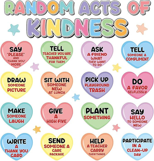 Random Acts of Heart Kindness Bulletin Board Set Colorful Motivational Classroom Decoration Sweet Candy Heart Kind Challenge Cutouts for Back to School Office Home Chalkboard Decor Wall Door