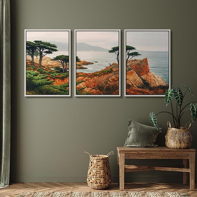 SIGNFORD Framed Wall Art Print Set Coastal Cypress and Rocky Shoreline Scenic Landscape Digital Art Modern Art Contemporary for Living Room, Bedroom, Office - 16"x24"x3 White