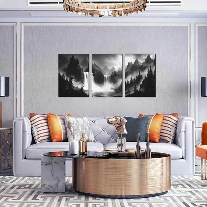 Waterfall Pictures Wall Art for Office - Black and White Canvas Wall Art for Living Room - 3 Piece Mountains Wall Art for Bedroom 16" x 24"