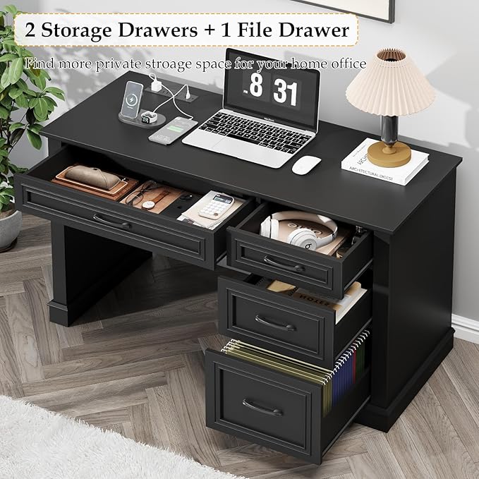Farmhouse 47" Executive Desk, Computer Desk with Drawers and File Drawer, Workstation Computer Desk with Charging Station for Home Office, Study.（Pure Black）