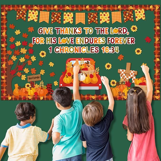 gisgfim Fall Thanksgiving Bulletin Board Decorations Give Thanks to The Lord Religious Paper Cutouts Fall Pumpkin Maple Leaf Bulletin Board Set for Autumn Harvest Thanksgiving Classroom Decor Supplies