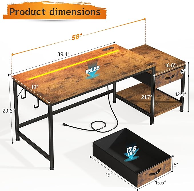56 Inch Computer Desk,Reversible Office Desk with LED Lights & Power Outlets,Writing Desk with Wide Tabletop for Study,Writing,Desk with Drawers & Printer Shelf for Storage,Craft,Rustic Brown