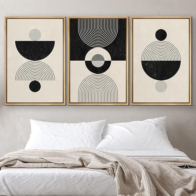 IDEA4WALL Framed Canvas Print Wall Art Set Geometric Black Tan Stripe Polygon Landscape Abstract Shapes Illustrations Modern Art Decorative Nordic for Living Room, Bedroom, Office - 24"x36"x3 Natural