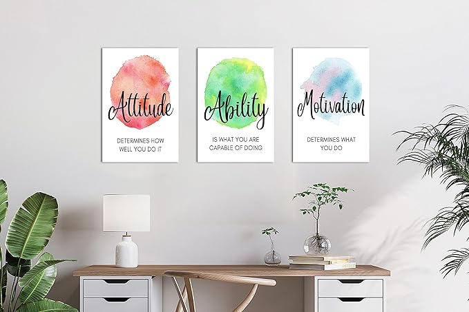 SHMAO 3 Piece Office Canvas Wall Art, Motivational Quotes Abstract Watercolor Canvas Print Pictures Wall Decor for Office, Men Women Inspirational Framed Artwork Home Office Decor 12''x18'' x 3 Pcs