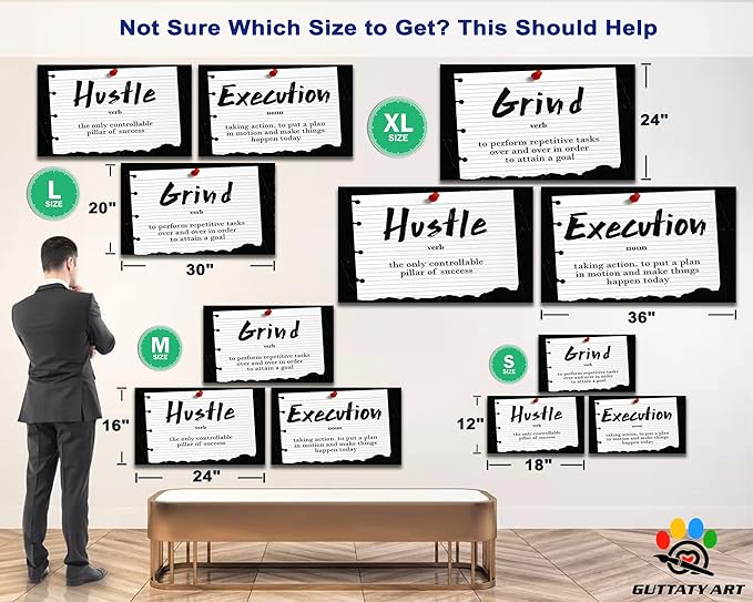 Office Wall Art - 3 Panel Motivational Wall Art, Inspirational Quotes Canvas Art for Home Office Wall Decor, Positive Quotes Wall Decor, Entrepreneur Grind Hustle Execution Poster Frame (20”x30”x3Pcs)