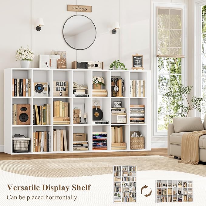 HOSTACK 86" H Triple Wide Bookshelf and Bookcase, 7 Tier Tall Bookshelf with Storage, Large Bookcase with 21 Open Display Storage Shelves, Wood Book Shelf Media CD DVD Storage for Living Room, White