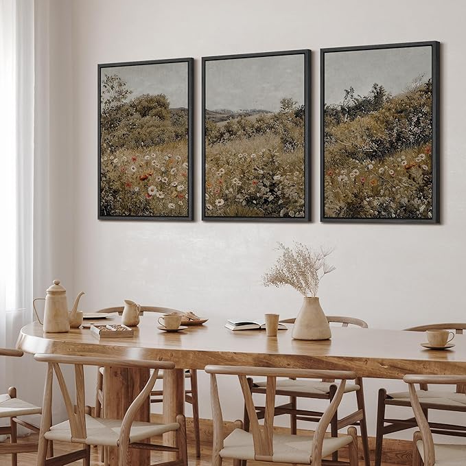 SIGNFORD Framed Wall Art Print Set Summer Wildflower Lush Floral Landscape Illustrations Modern Decorative Multicolor Relax/Calm Chic for Living Room, Bedroom, Office - 24"x36"x3 Black