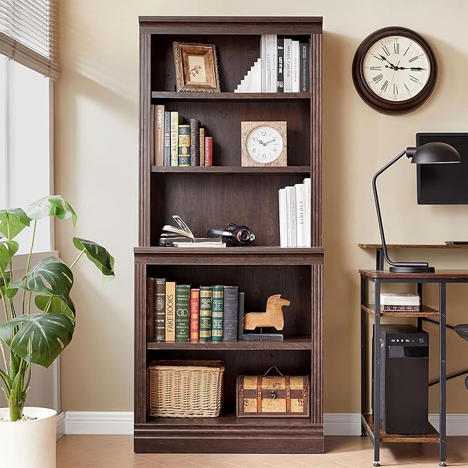 JAHRSTIM Halston Multi-Depth Bookcase, Adjustable Storage Open Display Shelving Unit for Home and Office Space, 31.5”L x 15.75”W x 72.8”H, Dark Cherry