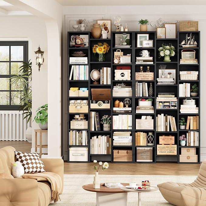 FOTOSOK 71'' Tall Bookshelf with 21 Cubes, 8 Tier Triple Wide Black Bookshelf with 8 Adjustable Shelves, 35" Large Bookcase DVD/CD Media Tower Storage, Freestanding Display Shelf Cabinet, Black