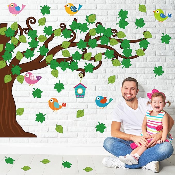 Pajean 58 Pcs Classroom Tree Bulletin Board Set Trees Cutouts Border Set with Leaves, Bird and Bird House Tree Bulletin Board Cutouts Classroom Decorations for Boards, Chalkboards, Wall