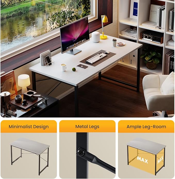 NEWBULIG 47.2” Computer Desk, White Office Writing Desks Compact Study Table Student Bedroom Home Work PC Workstations with Metal Frame Wood Tabletop Small Spaces
