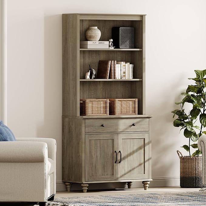 WAMPAT 5 Tier Bookshelf 72" Tall Bookcase with Doors & Drawer,Large Farmhouse Display Book Shelf with Storage Cabinet，Library Wood Bookshelves for Living Room,Kitchen, Wash Grey