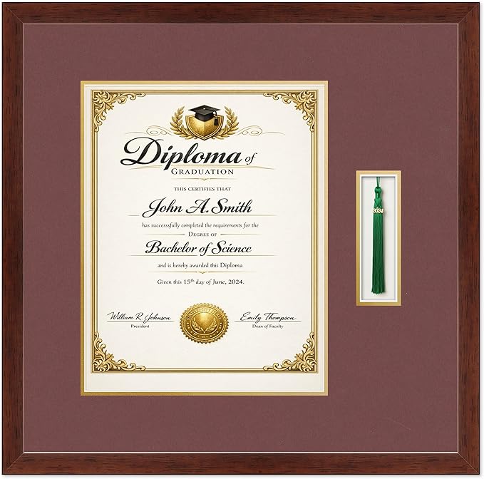 CountryArtHouse Diploma and Tassel Frame Fits 11 x 14 College Diploma (Portrait) with Tasse Rustic Walnut Genuine Hardwood Shadowbox with Dark Red Over Metallic Gold Double mat