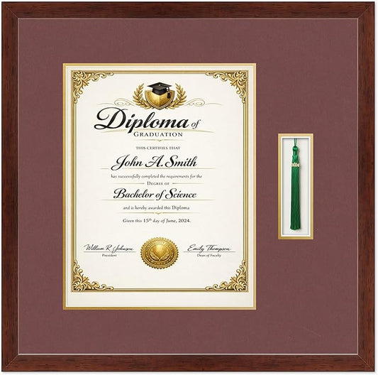 CountryArtHouse Diploma and Tassel Frame Fits 11 x 14 College Diploma (Portrait) with Tasse Rustic Walnut Genuine Hardwood Shadowbox with Dark Red Over Metallic Gold Double mat