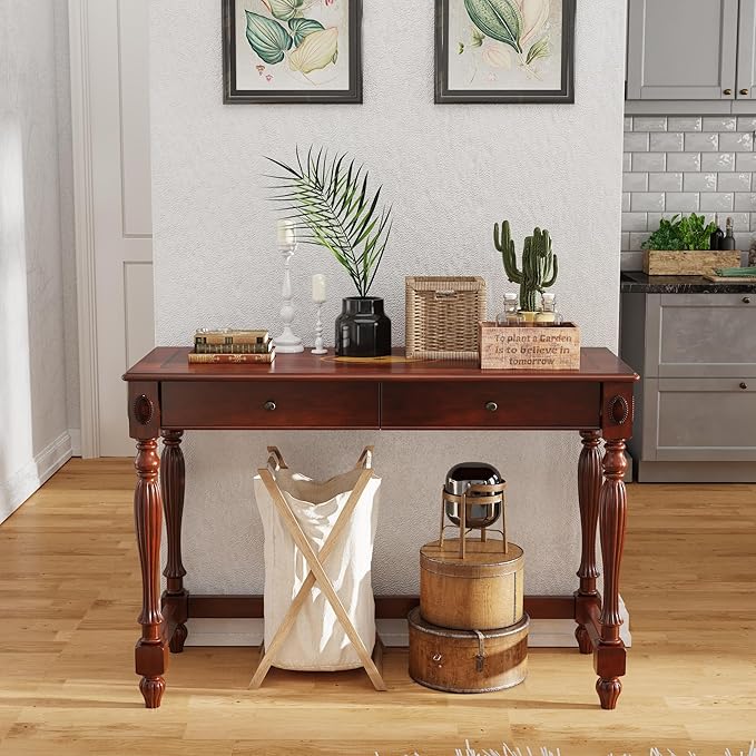 MODERION Solid Wood Computer Desk with 2 Drawers, Traditional Vanity Dressing Table, 46” Home Office Writing Desk, Workstation Easy Assembly Cherry Red Walnut BSZ1533WD