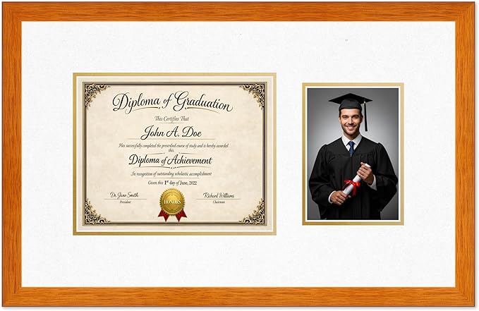 Diploma Frame With Photo Opening Honey Oak Oyster Shell Over Gold Mat - Fits 10 x 8 Degree and Picture Made in the USA