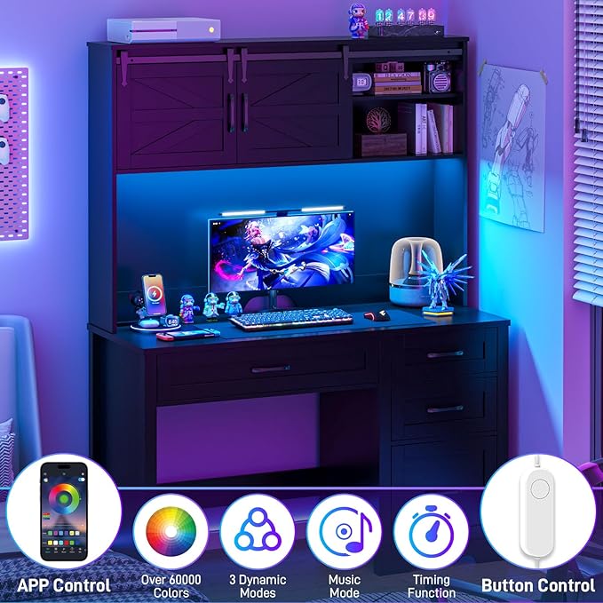 Vabches Farmhouse 67" H Executive Desk with Hutch,Office Table with LED Light and 6 Drawers,Computer Desk with Charging Station,File Drawers and Storage Cabinet,Workstation for Home Office.Black