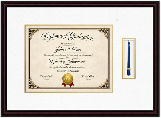 Diploma Frame with Tassel Holder 23.25 x 17 Executive Brown Shadowbox Oyster Shell Over Gold Mat - Fits 13 x 10 Degree Made in the USA