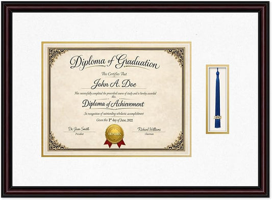 Diploma Frame with Tassel Holder 23.25 x 17 Executive Brown Shadowbox Oyster Shell Over Gold Mat - Fits 13 x 10 Degree Made in the USA
