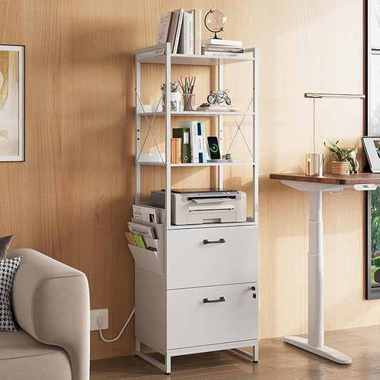 DEVAISE 2 Drawer File Cabinet with Lock, Charging Station & Adjustable Shelf,Tall Filing Cabinet for Home Office with Hook, Printer Stand Fits A4/Letter/Legal, White