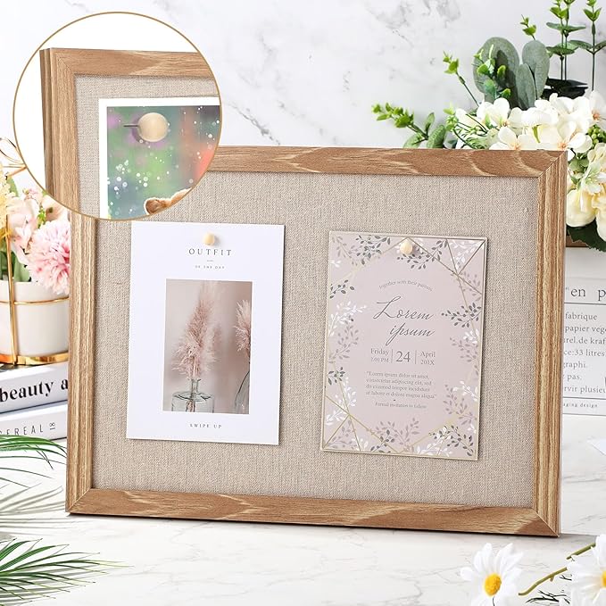 Teling 6 Pack Wood Bulletin Boards with Linen 12''x 16'' Cork Board for Walls with 60 Pushpin Decorative Wood Framed Display for Classroom School Office Bedroom (Brown)