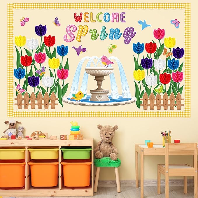Pajean Welcome Spring Bulletin Board Set 3D Honeycombs Tulip Flower Classroom Decorations Floral Bird Butterfly Cutouts for Wall Door Decor Spring Easter Classroom Birthday Party Supplies
