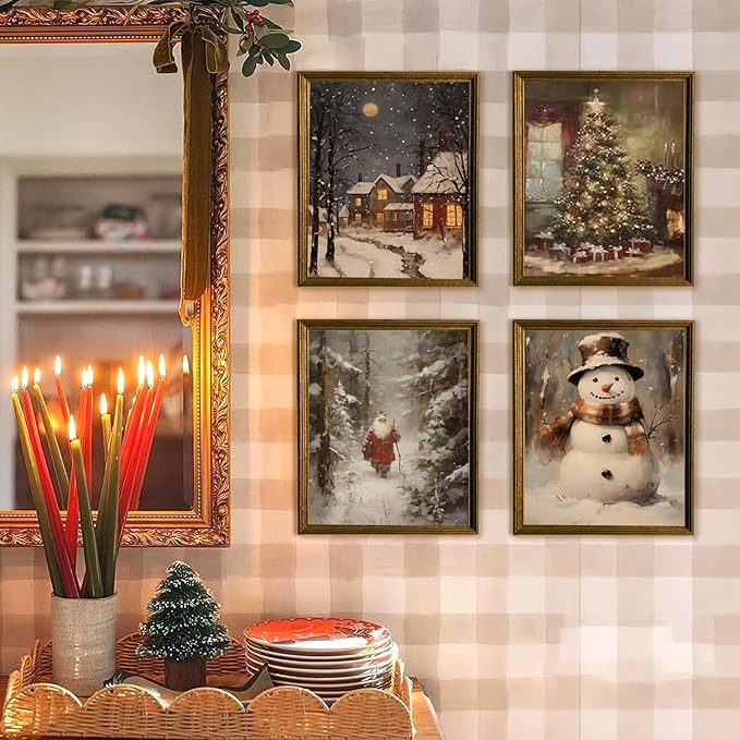 Vintage Christmas Canvas Wall Art Poster Set of 8, Santa Christmas Tree Snowman Pictures Wall Decor, Winter Holiday Paintings Prints Aesthetic Home Decor for Living Room Bedroom 12x16 inch Unframed