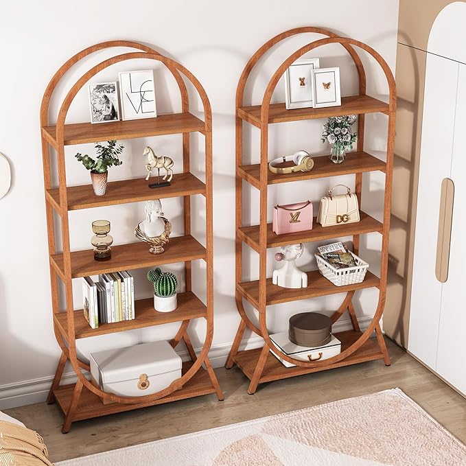 Tribesigns 5-Tier Open Bookshelf, 70.8" Tall Arched Bookcase, Modern Brown Storage Bookshelves, Freestanding Display Rack Shelving Unit for Office, Bedroom, Living Room, Easy Assembly (2PCS)