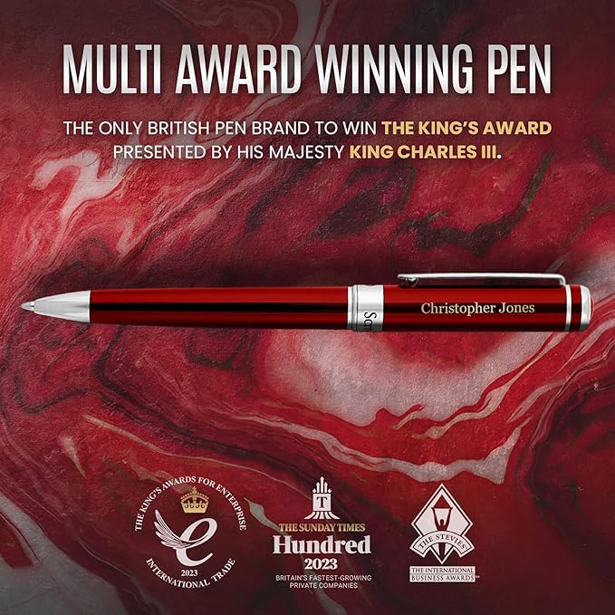 Scriveiner Personalized Deep Crimson Red Ballpoint Pen - Stunning Red Lacquer Luxury Pen with Chrome Finish, Schmidt Ink Refill, Engraved Ball Point Gift Set for Men & Women, Custom Engraving