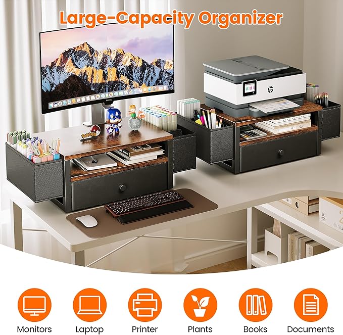 Homeiju Desk Organizers and Accessories, 3-Tier Computer Monitor Stand Riser with Fabric Drawer & 6 Pen Holder, Office Desk Accessories Workspace Desktop Organizer for Office Supplies, Rustic Brown