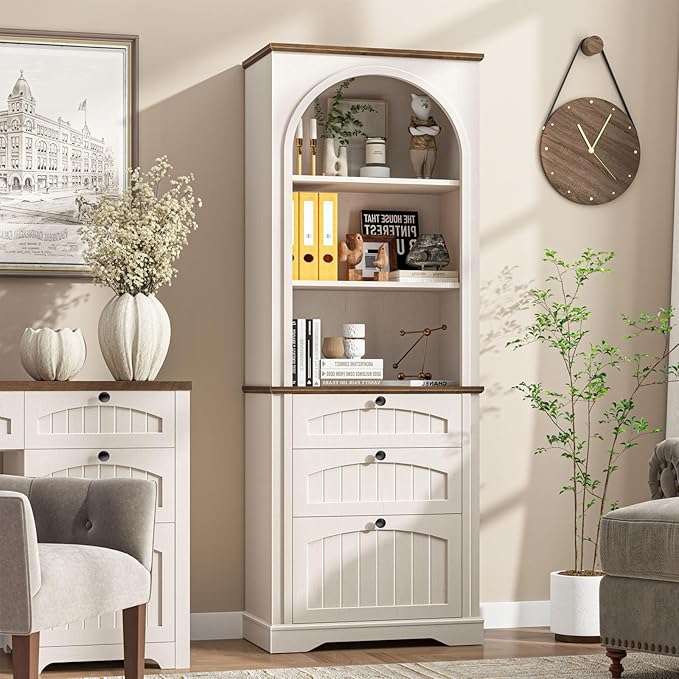 Farmhouse File Cabinet Fits Letter/Legal/A4 Size Hanging File Folders, 3-Tier Floor Standing Bookcase with File Drawer and Open Shelf, Wood Filing Cabinet Printer Stand for Home Office, White